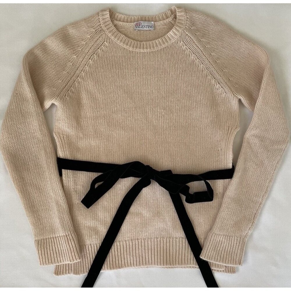 RED VALENTINO Sweater Sz XS Velvet Waist Tie Side Slit Sweater Pale Peach Wool